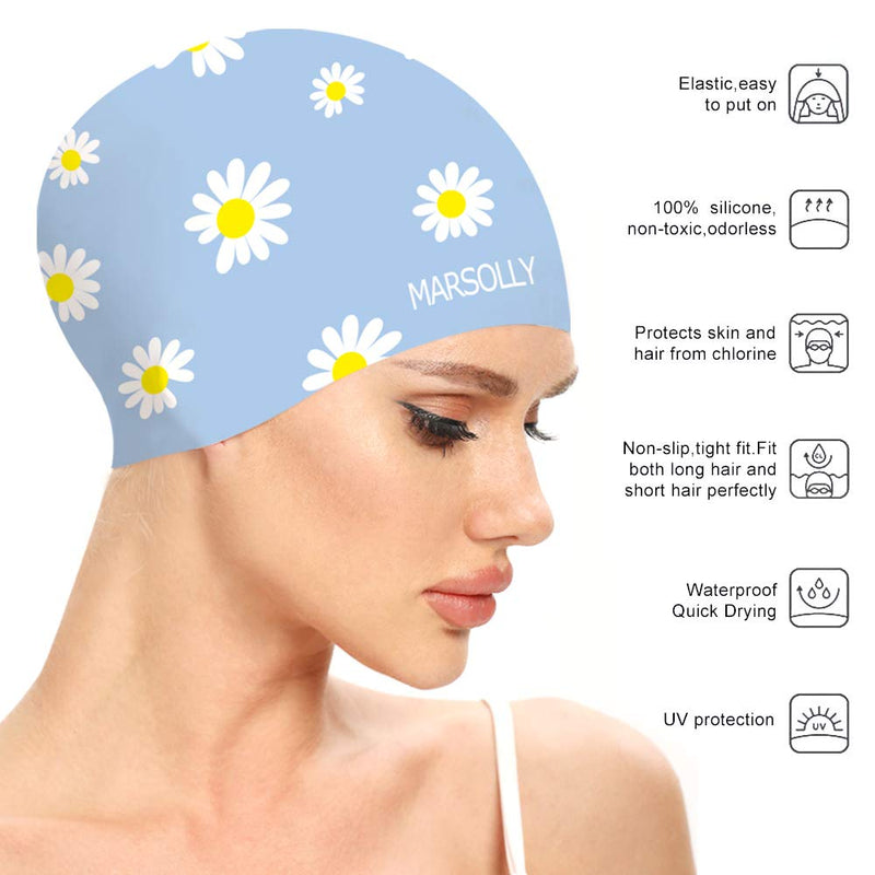 Marsolly Silicone Swim Cap for Women, Waterproof Long Hair Swimming Caps with Flower Printed Blue - BeesActive Australia