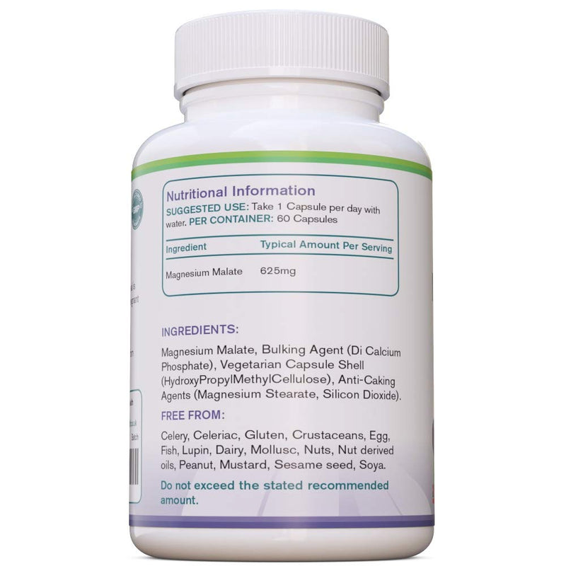 Magnesium Malate Capsules | High Absorption, Premium Magnesium Malate 625mg Supplement | 60 Easy to Swallow Capsules (2 Months Supply) | Supports Energy Levels, Heart Health, Muscle Function | UK Made - BeesActive Australia