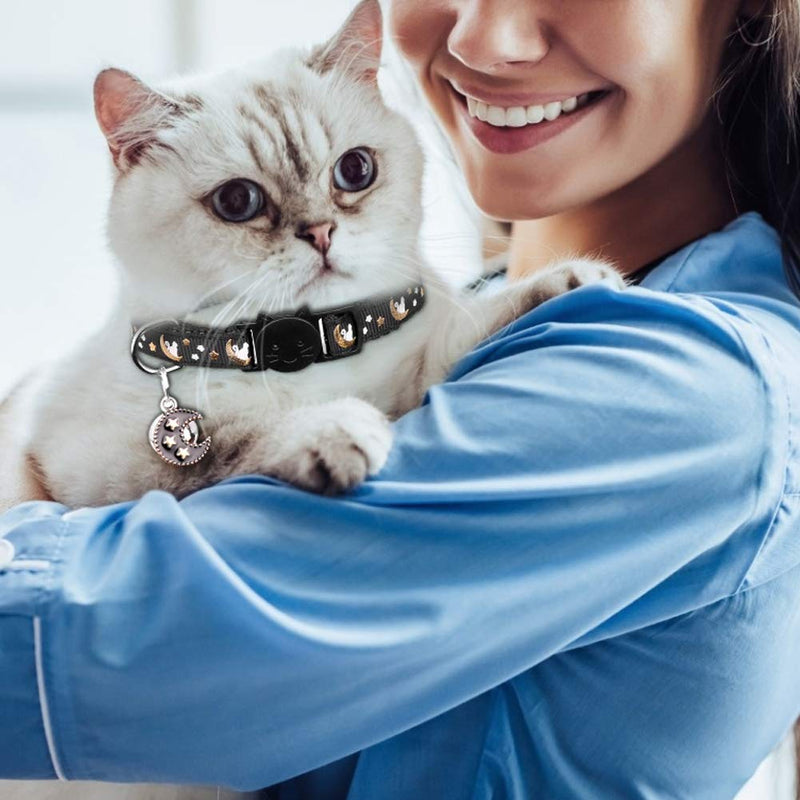 2PCS Breakaway Cats Collars with Bell Moons Stars Adjustable Kitten Collars with Pendant Glow in The Dark Purple+Black - BeesActive Australia