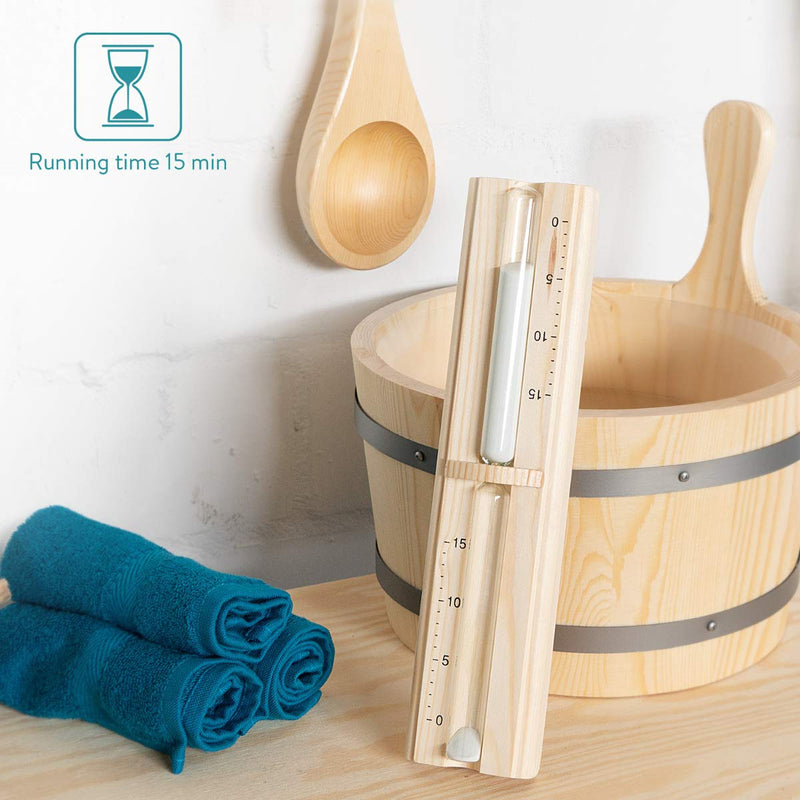 Navaris Sauna Hourglass Sand Timer - Classic Wall-Mounted Sand Hour Glass for Saunas - Pine Wood, Sand and Heat-Resistant Glass - 29.5 x 7.5 x 4 cm - BeesActive Australia