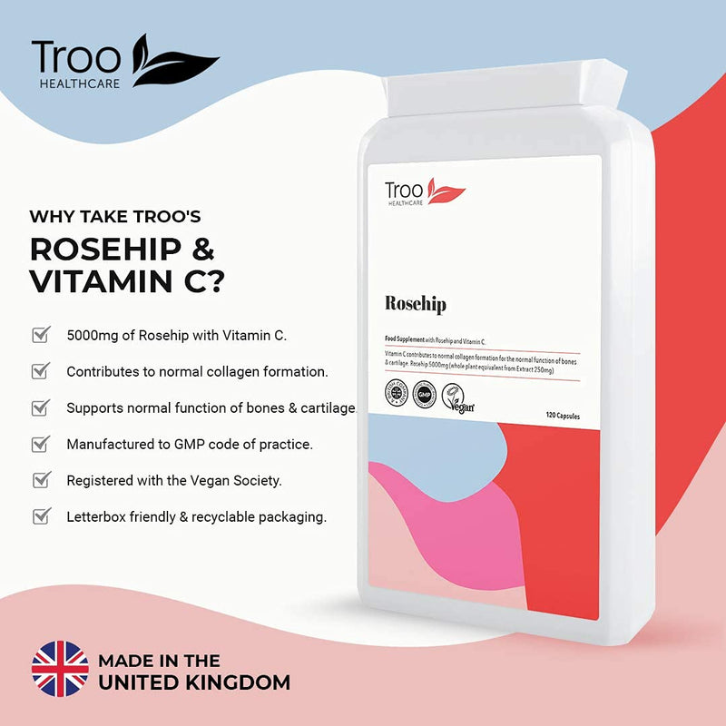 Rosehip Supplements 5000mg with Vitamin C to Support Bones, Cartilage and Collagen Formation - 120 Capsules - High Strength 5000 mg Rosacanina - Up to 4 Months Supply UK Manufactured to GMP Standards - BeesActive Australia