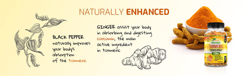 Organic Turmeric Curcumin 2130mg with Organic Ginger and Organic Black Pepper - 180 Vegan Capsules (6 Month Supply) - High Strength Tumeric Supplement - BeesActive Australia