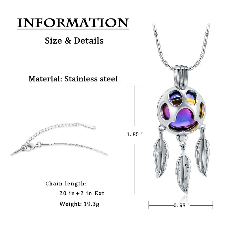 constantlife Dreamcatcher Urn Necklace for Ashes Pet Cremation Jewelry 316L Stainless Steel Hollow Paw Locket Memorial Pendant Dog Cat Keepsake Gift for Women Men Silver-Colorful - BeesActive Australia