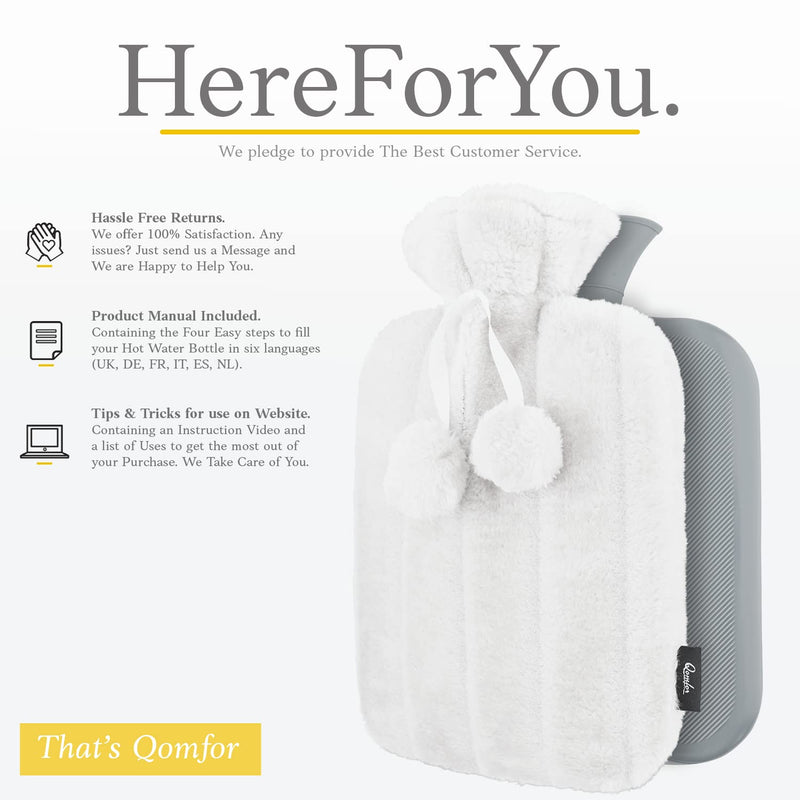 Hot Water Bottle with Soft Cover - Premium Fluffy Faux Fur Cover - 1.8l Large Capacity - Hot Water Bag for Period Pain, Neck and Shoulders, Back, Warm Feet & Cosy Nights - Great Gift for Women - White - BeesActive Australia