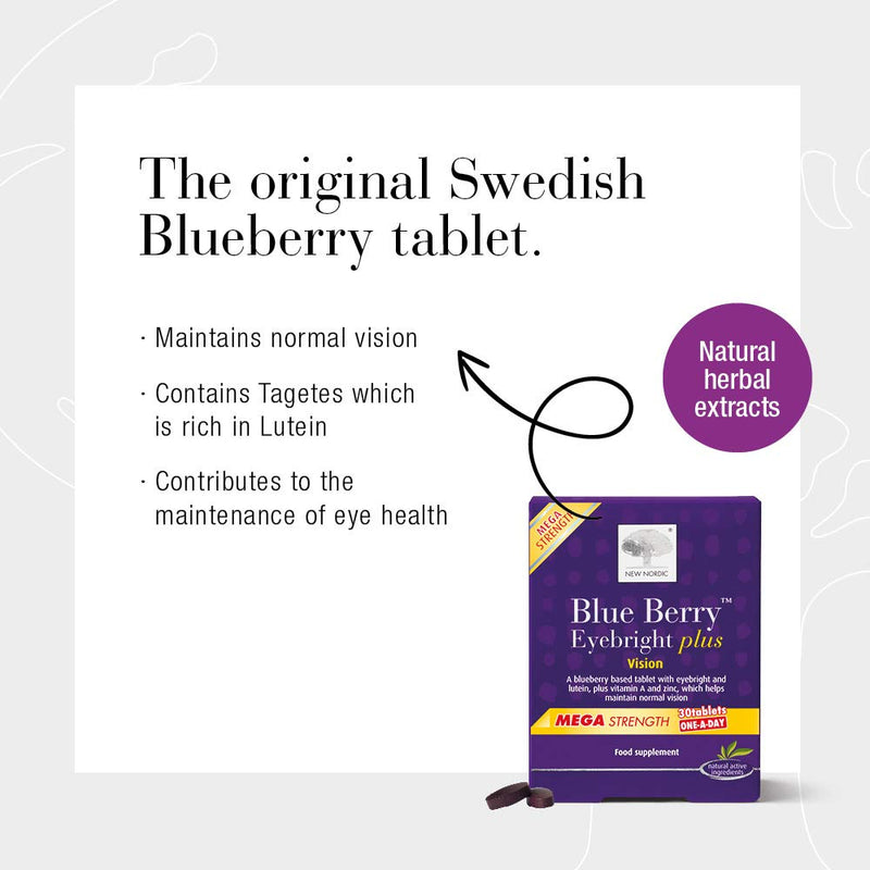 New Nordic Blueberry Eyebright Plus Mega Strength - One-A-Day Tablets - 30 Tablets - Natural Eye Supplement Tablets - Suitable for Women and Men - Vegan & Gluten Free formula for Optimal Eye Care - BeesActive Australia