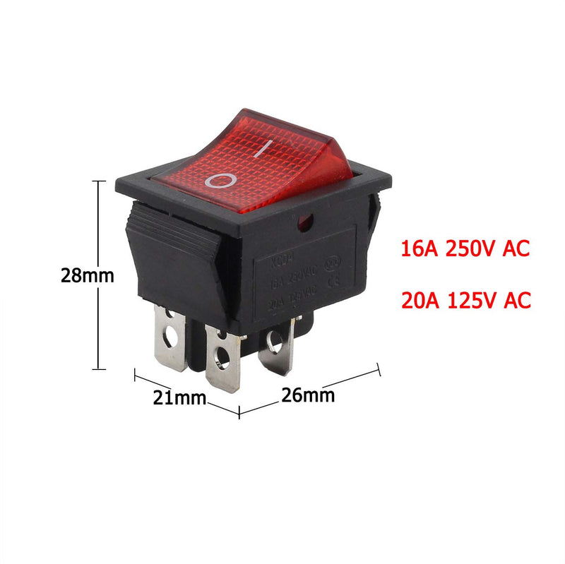 [AUSTRALIA] - Longdex 2pcs AC 250V 16A ON/OFF Boat Rocker Switch Small Appliances Power Switch 2 Position I/O 4Pin DPST Red Button Switch with Light 