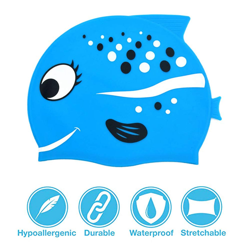 BHTapparel Kids Swim Cap Silicone Swimming Cap for Girls Boys Protective Ear Caps with Fun Sharks & Minnows Pattern Blue Fish 2 - BeesActive Australia