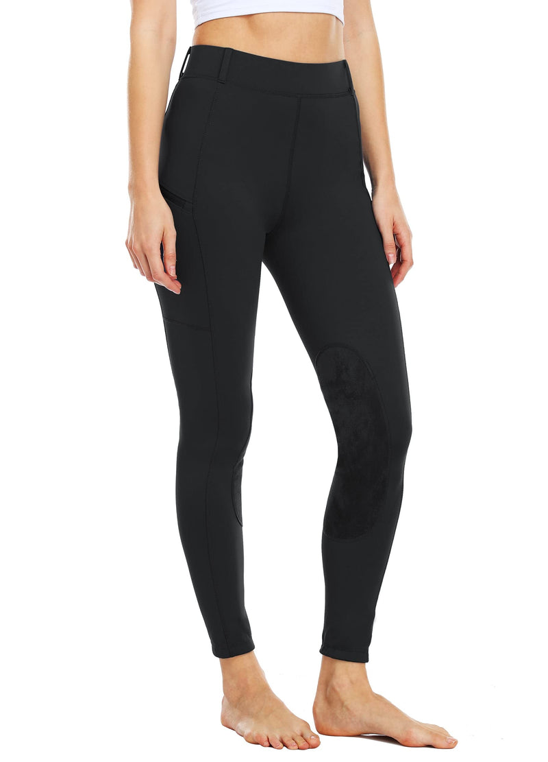 Willit Women's Riding Tights Knee-Patch Breeches Equestrian Horse Riding Pants Schooling Tights Zipper Pockets Black Medium - BeesActive Australia