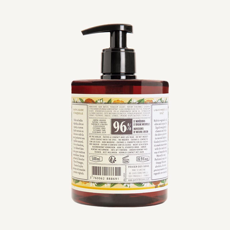 Panier des Sens - Marseille Liquid Hand Soap - Orange Blossom Hand Wash - Moisturizing Soap with Coconut Oil - Bathroom & Kitchen Refillable Soap - 96% Natural Ingredients Made in France - 16.9 Fl.oz - BeesActive Australia