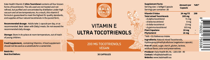 Kala Health Ultra Tocotrienol 200mg Vitamin E Vegan � All 4 tocotrienols - Alpha Tocotrienol + Beta Tocotrienol + Gamma Tocotrienol + Delta Tocotrienol � No Tocopherols - Unique Tocotrienol Complex 30 - BeesActive Australia