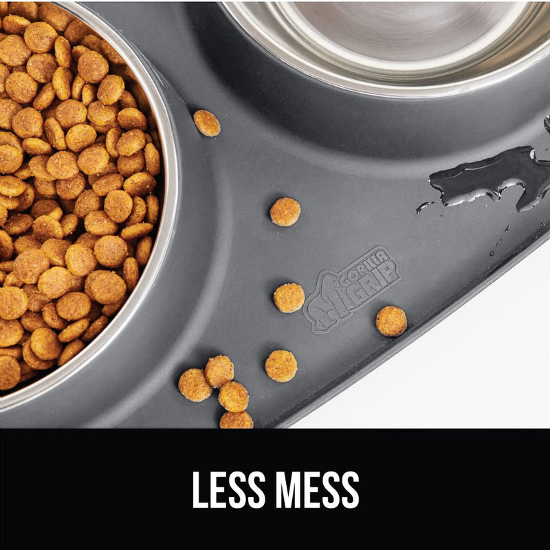 Gorilla Grip Slip Resistant Pet Bowls and Silicone Feeding Mat Set, Catch Water and Food Mess, Raised Edges for No Spills, Stainless Steel Cat and Dog Dish Bowl, Patent Pending Design 2 Cup Gray - BeesActive Australia