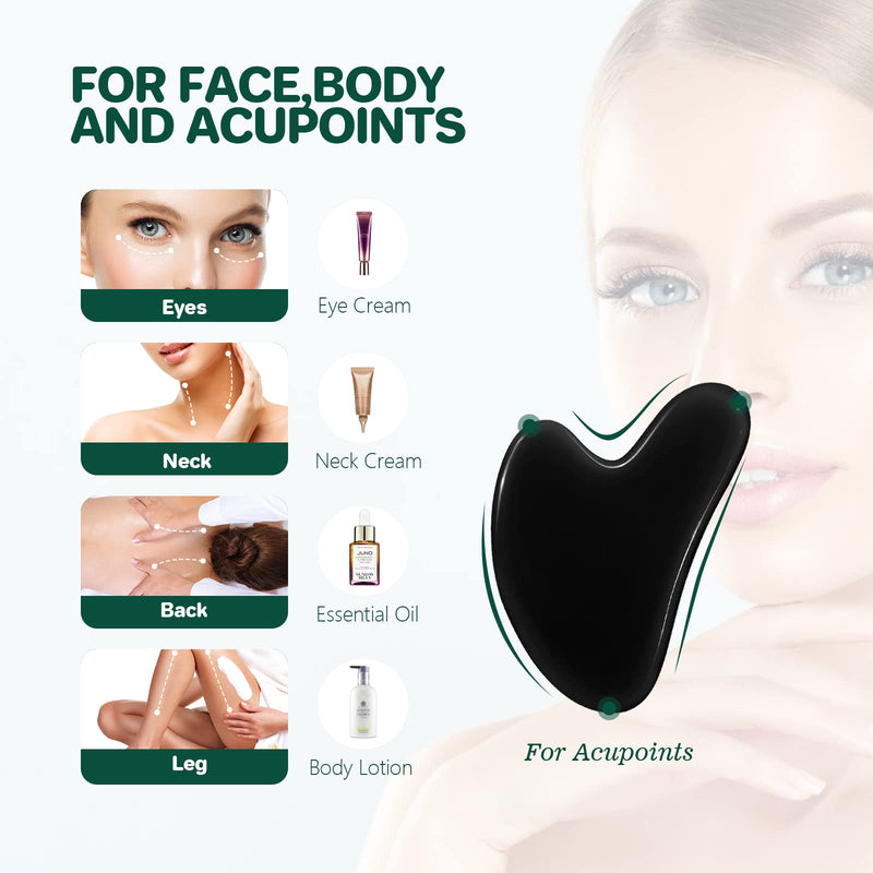 Gua Sha Tool Guasha Massage Tool 100% Natural Jade Stone for Face Care, Relieve Wrinkle Eye Puffiness Treatment, Back Spa (Black) Black - BeesActive Australia