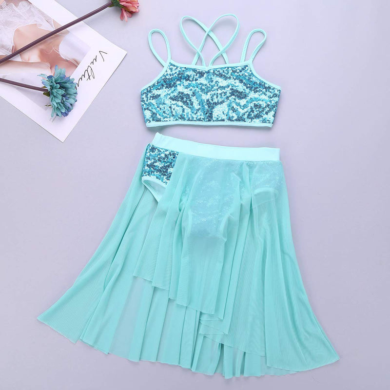 [AUSTRALIA] - inhzoy Kids Girls Lyrical Modern Ballroom Costume Ballet Skating Roller Dress Sequin Criss Cross Top with Split Skirt Lake Blue 10 / 12 