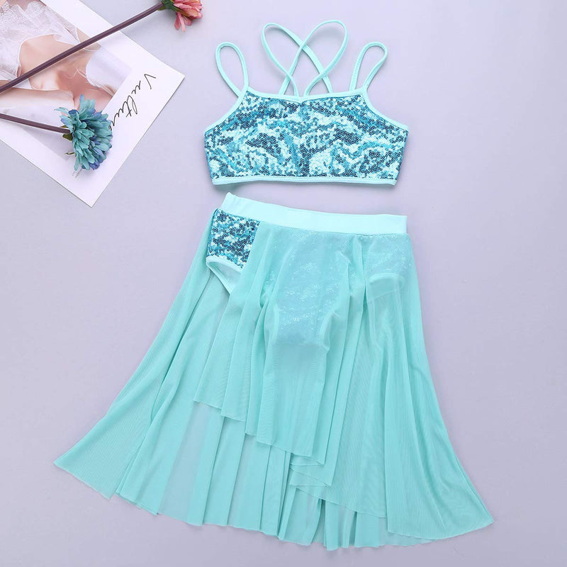 [AUSTRALIA] - zdhoor Kids Girls 2PCS Lyrical Ballet Dance Dress Sequins Performance Dancewear Camisole Crop Top with Mesh Skirt Lake Blue 7 / 8 