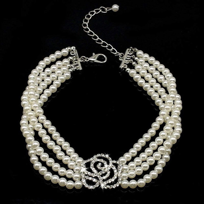 Dogs Kingdom Elegant Fancy Pearls Dog Cat Collar Small Dog Crystal Rose Flower Collar Pet Party Neck Grooming Jewelry Accessory M:10-12" neck White - BeesActive Australia