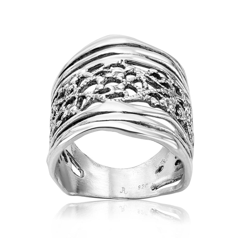 925 Sterling Silver Shield Ring Lace Look, Multi Textured, Oxidized, Vintage Look Stylish Hypoallergenic, Nickel and Lead-free, Artisan Handcrafted Designer Collection Made in Israel (Size 5-11) 9 - BeesActive Australia