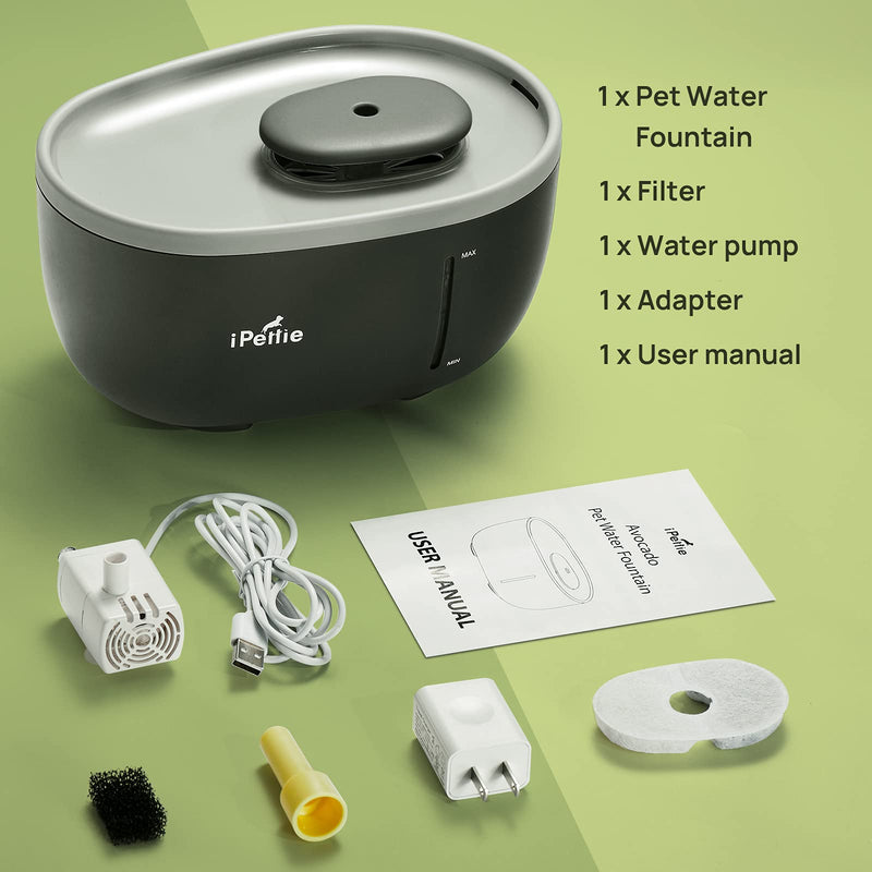 iPettie Avocado Pet Water Fountain with LED Light, 67oz/2.0L, Ultra Quiet Cat Water Fountain with Filter, Automatic Pet Water Fountain for Cats and Small Dogs, Grey Grey (with Adapter) - BeesActive Australia