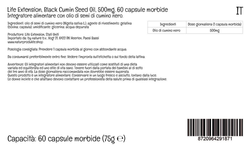 Life Extension, Black Cumin Seed Oil, 500mg, 60 Softgels, Lab-Tested, Gluten Free, Soy Free, Non-GMO - BeesActive Australia