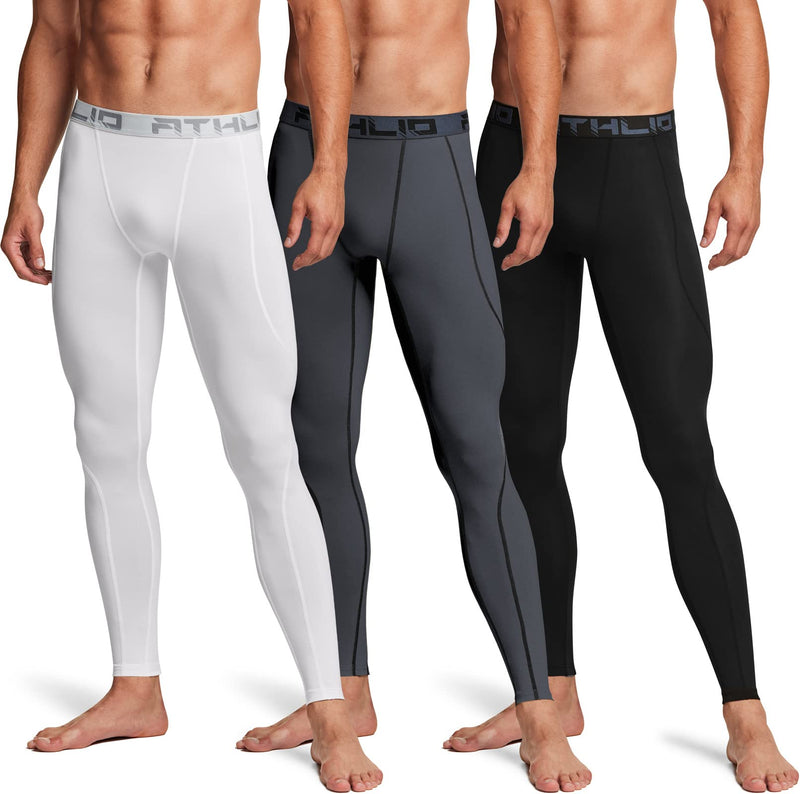 ATHLIO 2 or 3 Pack Men's Compression Pants Running Tights Workout Leggings, Cool Dry Technical Sports Baselayer Large 3 Pack Black/Charcoal/White - BeesActive Australia