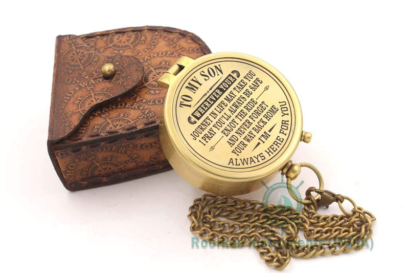 Antique Nautical Vintage Directional Magnetic Compass with Famous Scripture Quote Engraved Baptism Gifts with Leather Case or Wooden Case for Loved Ones, Son, Father, Love, Partner, Spouse, Fiancé. #2 To My Son: "Wherever Your Journey" - BeesActive Australia