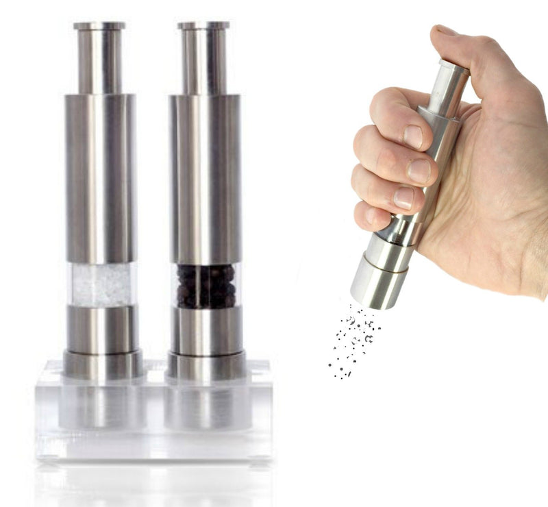 Grind Gourmet Salt and Pepper Grinder Set, Original Pump & Grind Peppermill are Refillable, Modern Thumb Press Grinder, Comes with Black Pepper, Sea Salt and Stand, Works With Himalayan Salts 316 Stainless Steel - BeesActive Australia