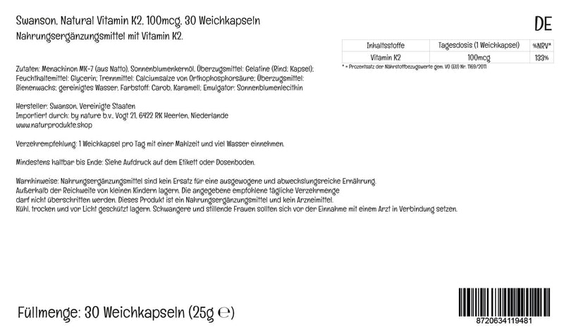 Swanson, Vitamin K2 (Menaquinone MK-7), 100mcg, 30 Softgels, Highly Dosed, Lab-Tested, SOYA Free, Gluten Free, Non-GMO - BeesActive Australia