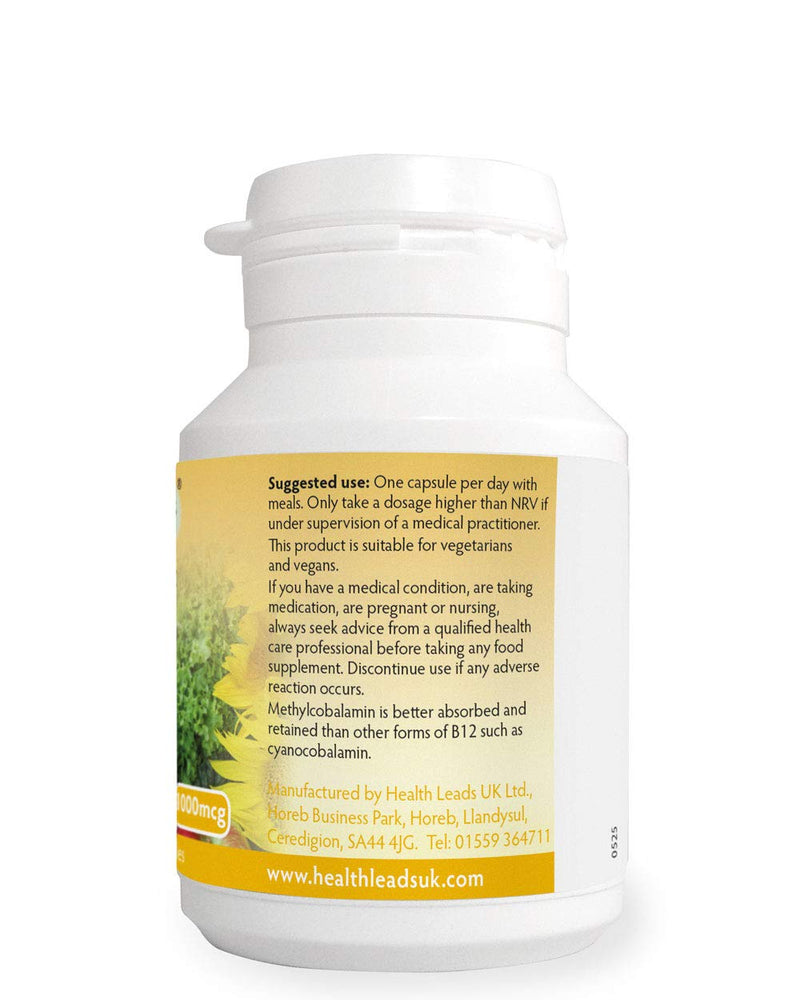 Vitamin B12 Methylcobalamin 1000mcg 90 Capsules, Magnesium Stearate Free & No Nasties, B12 contributes to The Reduction of Tiredness and Fatigue, Normal Function of The Immune System, Made in Wales 1 count (Pack of 90) - BeesActive Australia