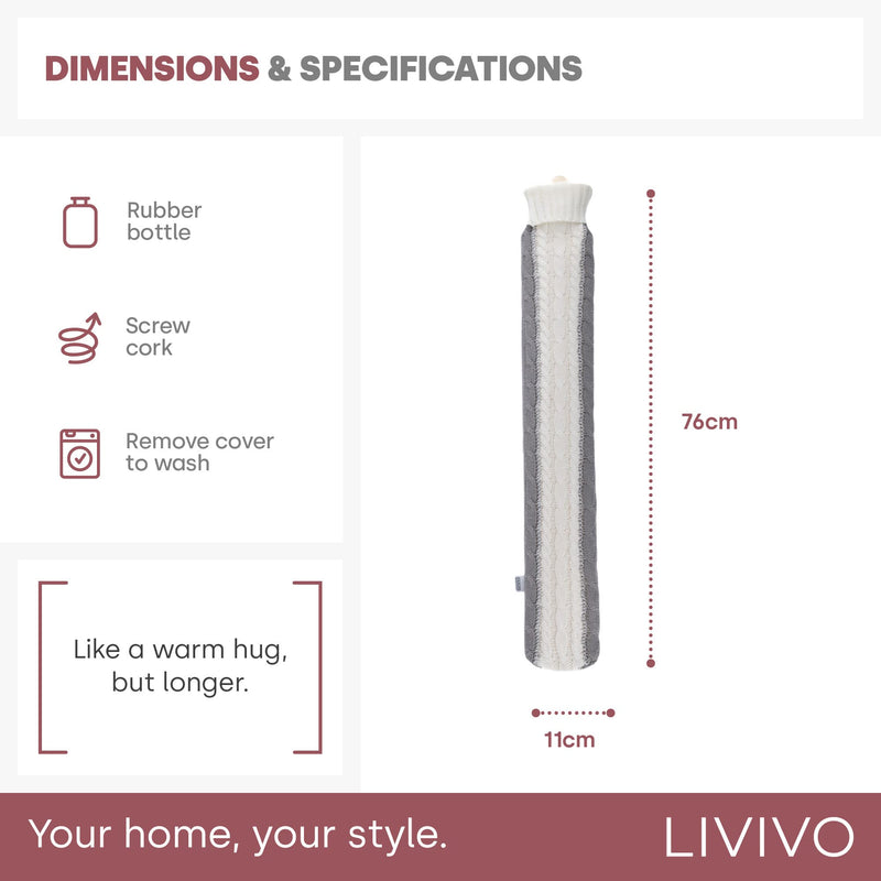 LIVIVO 2L Extra Long Hot Water Bottle with Soft, Removable and Washable Fleece/Knitted/Faux Fur Cover - Giant Size Ideal for Full Body (Twist Knitted Grey/White) Twist Knitted Grey/White - BeesActive Australia
