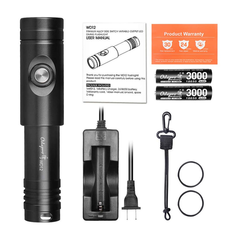 [AUSTRALIA] - Odepro WD12 Scuba Diving Flashlight 3 Modes 1050 Lumen Underwater 100m Waterproof Scuba Lights with Battery Indicator, 2pcs 3000mAh 18650 Battery, Battery Charger 