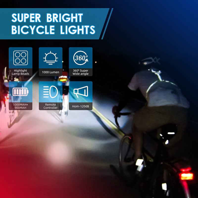 Bike Lights Set, USB Rechargeable Bicycle Light Front & Back, 1000 Lumen Bicycle Headlight and Rear Taillight with Turn Signal & Horn, Waterproof and 5+6 Lighting Modes for Night Cycling Road Mountain - BeesActive Australia