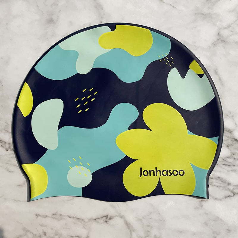 Jonhasoo Swim Cap Women, Silicone Swimming Cap for Long Hair with Flower Printed Navy - BeesActive Australia
