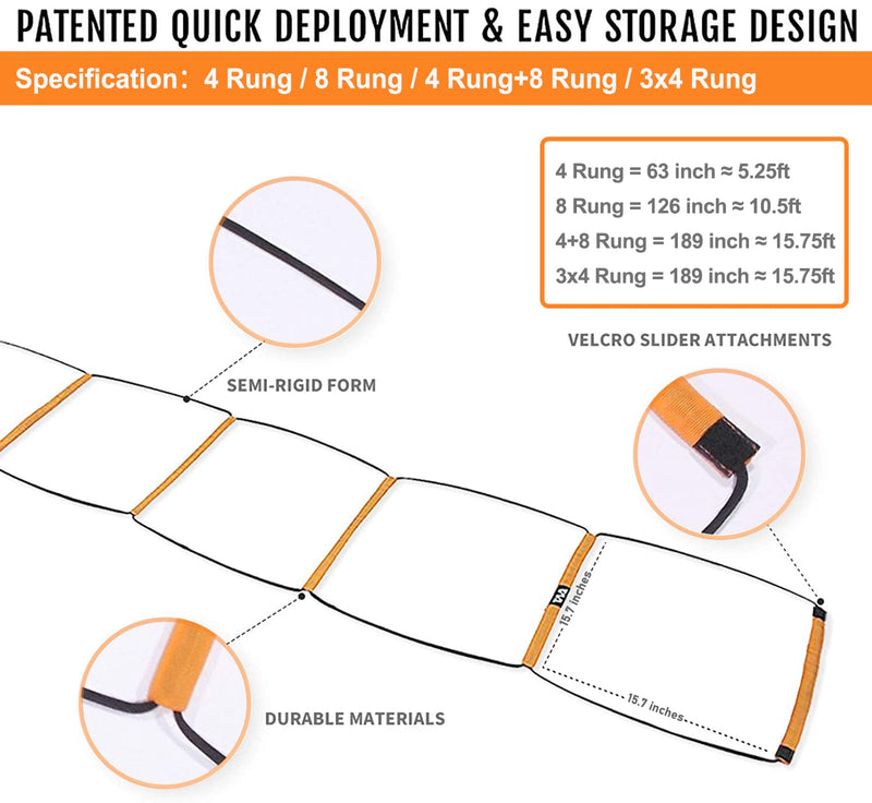 ALPHAWORX Agility Ladder, Agility Training Equipment, Soccer Speed Ladder, Football Footwork Ladder, Workout Ladder for Kid Adult, Foldable Instant Set-up & Tangle-Free & Carry Bag (4/8/8+4/12 Rung) 12 rung - BeesActive Australia