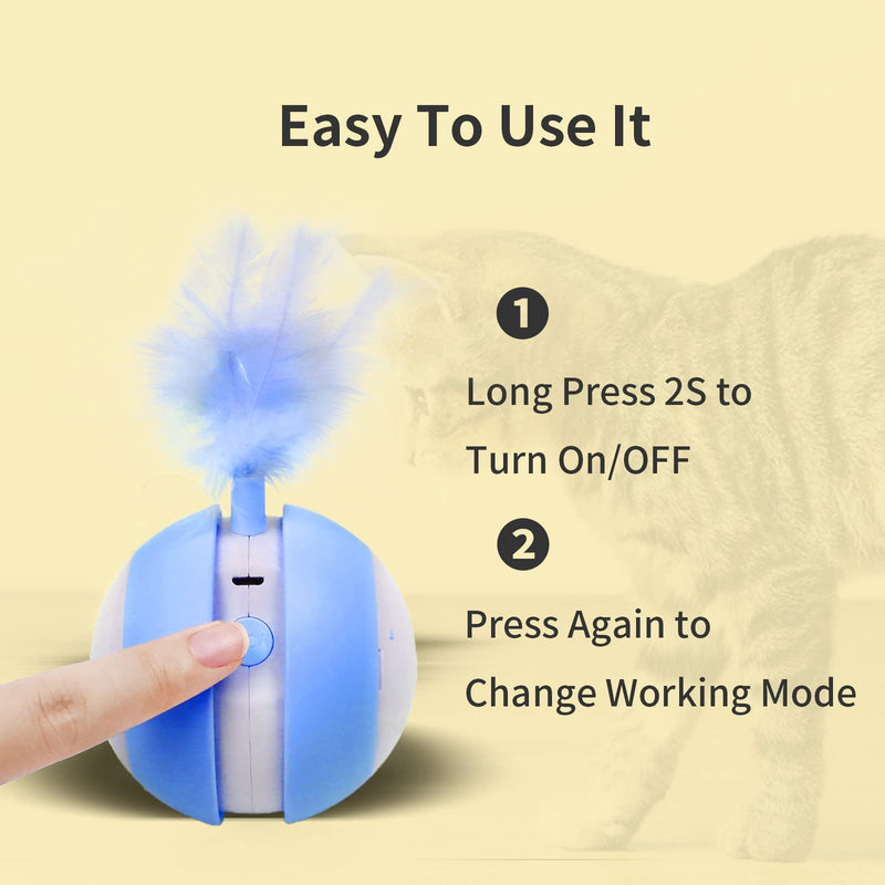 PAKEWAY Interactive Cat Ball Toy with Bird Sound & LED Light, Automatic Irregular 360°Rolling Cat Toy with USB Charging and 2PCS Feathers, Smart Moving Cat Toy Smart Gift for Indoor Kitten Blue - BeesActive Australia