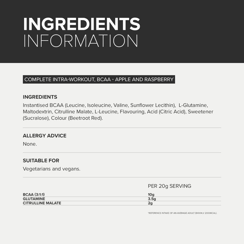 Bulk Complete Intra-Workout, BCAA, Apple and Raspberry, 500 g, Packaging May Vary - BeesActive Australia