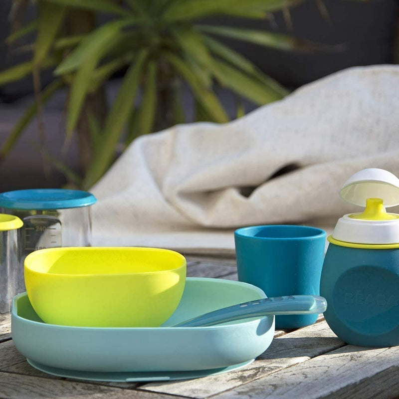 Béaba - Silicone Feeding Meal Set - Set of 4 Pieces : Plate + Bowl + Cup + Spoon - Silicone with Strong Suction pad - Baby and Children - Blue - BeesActive Australia