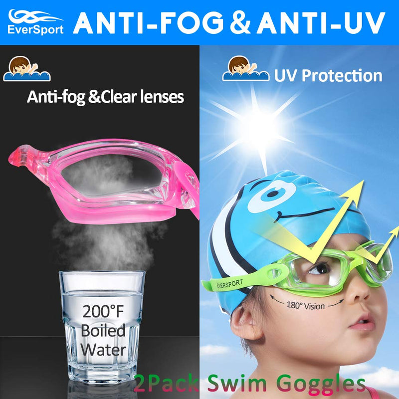 EverSport Kids Swim Goggles, Pack of 2 Kids Swimming Goggles, Crystal Clear Swimming Goggles for Children and Teens, Anti-Fog Anti-UV Youth Swim Glasses, Leak Proof, Soft Silicone Frame, for 4-16 Y/O Green & Rose Red - BeesActive Australia