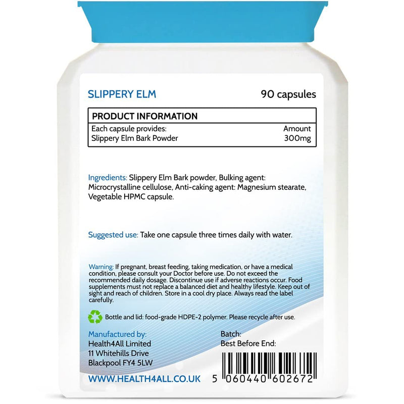 Health4All Slippery Elm 300mg 90 Capsules (V) Digestive Health. Acid Reflux Support. Vegan Digestive Support Supplement 90 Count (Pack of 1) - BeesActive Australia