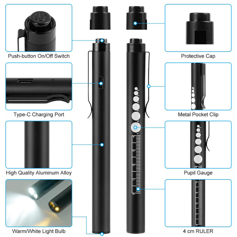 Flintronic Diagnostic Medical Penlight, Rechargeable LED Pen Torch with Pupil Gauge and Clip, First Aid Pupil Gauge Doctors Nurses Medical Pen Light Medical Equipment (With Type-C Charging Cable) 1PC Black - BeesActive Australia