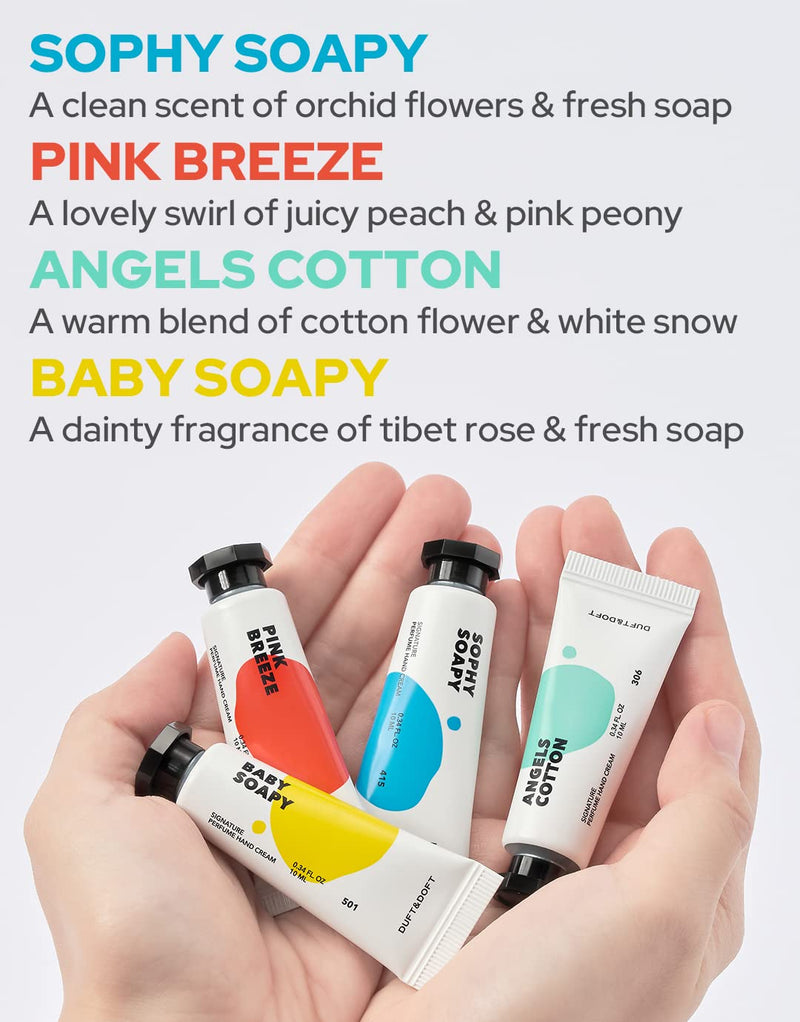 DUFT&DOFT Mini Hand Cream Gift Set - Non-Greasy With Shea Butter & Collagen - Nourishing & Hydrating Scented Cream (Pink Breeze/Sophy Soapy/Angels Cotton/Baby Soapy - Pack of 4 (0.3 Fl Oz) Pink Breeze, Sophy soapy, Angels Cotton - BeesActive Australia
