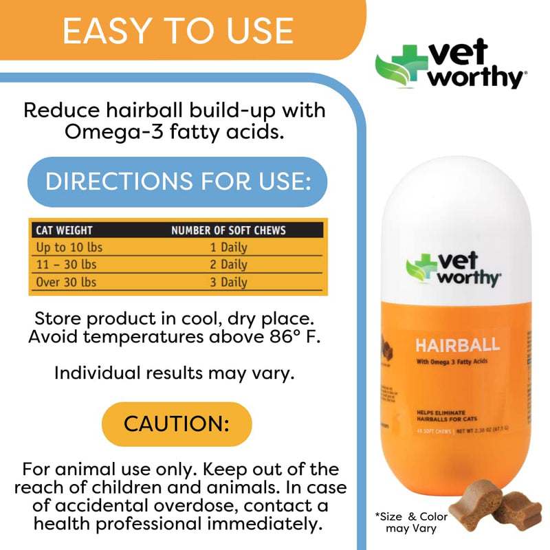Vet Worthy Hairball Soft Chew for Cats Hairball Remedy for Cats for Digestive Aid and Hairball - Cat Supplement with Omega 3, Psyllium Husk, Brewers Yeast, Wild Alaskan Salmon Oil-45 Soft Chews - BeesActive Australia