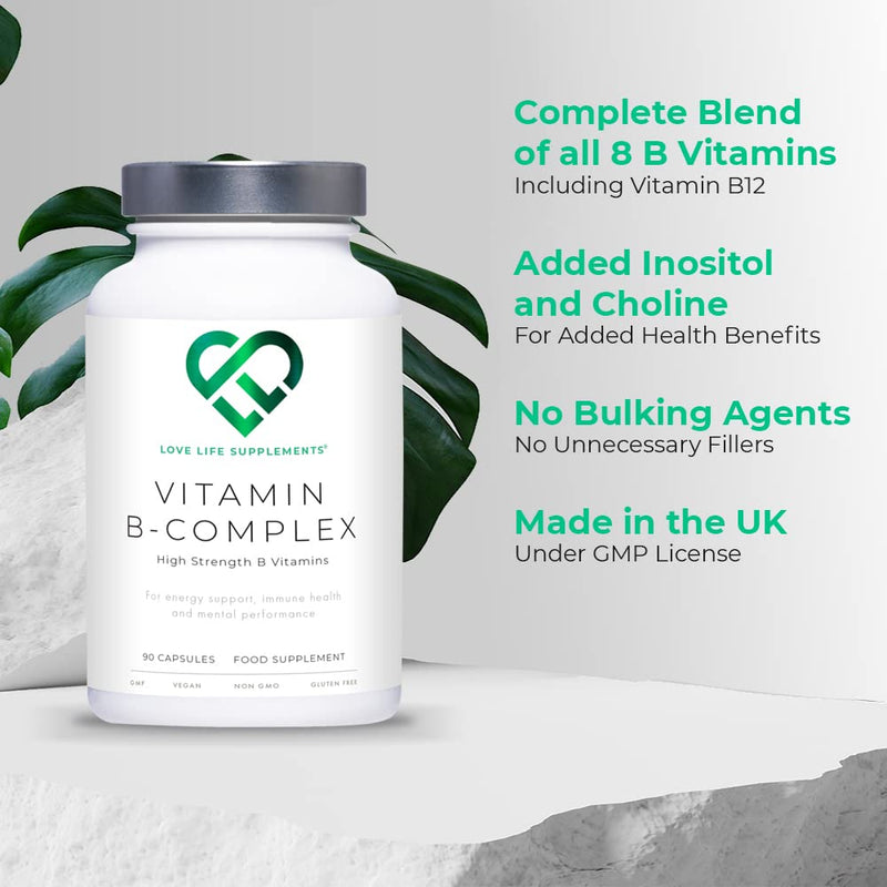 Vitamin B Complex High Strength | 90 Capsules - 90 Day Supply | All 8 B Vitamins B1-B2-B3-B5-B6-B7-B9-B12, Inositol and Choline | Love Life Supplements - BeesActive Australia