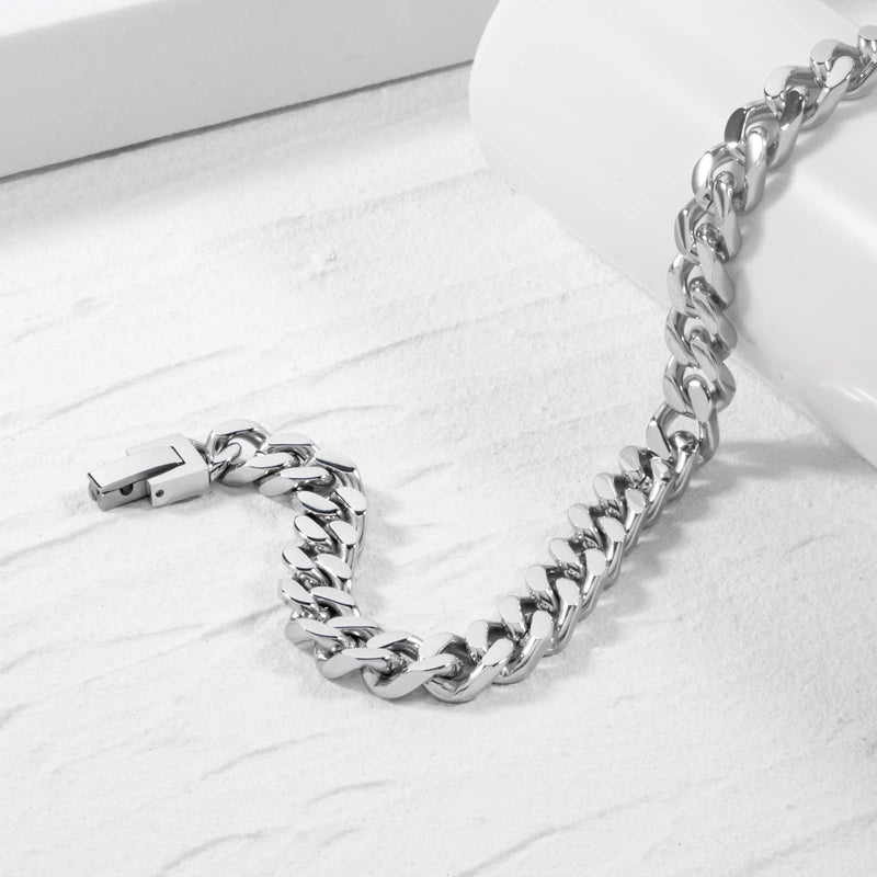 Tuewut Stainless Steel 8mm Cuban Link Bracelet for Men/Women/Boy,Silver/18K Gold Plated 7/8/9 inch Fashion HIP HOP Jewelry Bracelet for Gifts Silver 9 Inches - BeesActive Australia