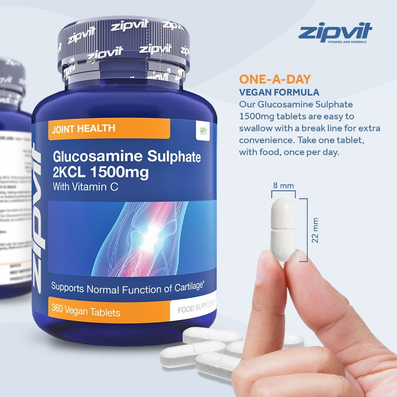 Glucosamine Sulphate 2kcl 1500mg with Vitamin C, 360 Vegan Glucosamine Sulphate Tablets. Maintains Normal Joint Cartilage. 12 Months Supply Glucosamine Sulphate 1500mg. UK Supplier. 1500mg Glucosamine 360 Tablets - BeesActive Australia