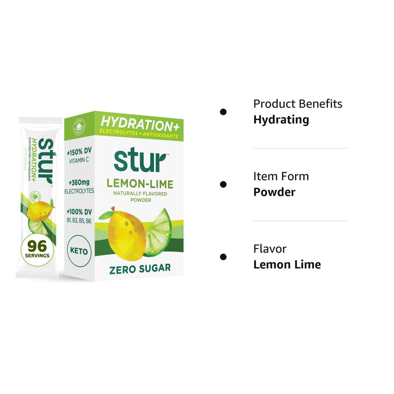 Stur Electrolytes Powder Hydration Packets | Lemon Lime | Sugar Free Water Flavor Packets for Workout Recovery | High Antioxidants & B Vitamins | Keto, Vegan, Non-GMO, Paleo (96 Packets) 96 Count (Pack of 1) - BeesActive Australia