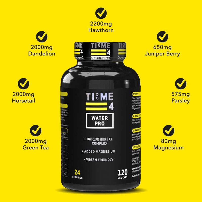 Time 4 Water Pro High Strength Water Pills, Bloating Relief and Weight Loss, Water Balance & Fluid Retention Vegan Friendly 120 Caps 7 Active Ingredients Including Dandelion Root Hawthorne & Green Tea - BeesActive Australia