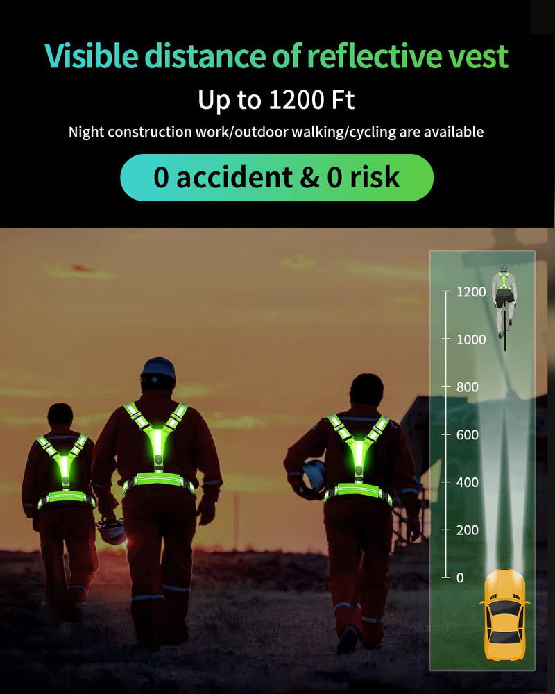 AKUSCON LED Reflective Running Vest Gear，USB Rechargeable Light Up Reflective Vest for Walking at Night, Adjustable Reflective Safety Vest for Men Women Include Mobile Waist Bag Reflective Bands Green A - BeesActive Australia