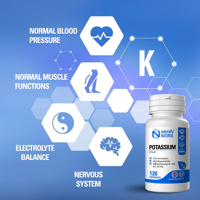 Naturally Natural Potassium Citrate 120 Vegan Capsules High Dose 840mg Elemental K+ Ions per Daily Serving (42% DV), Pure Formulation for Leg Cramps, Blood Pressure and Electrolyte Balance - BeesActive Australia