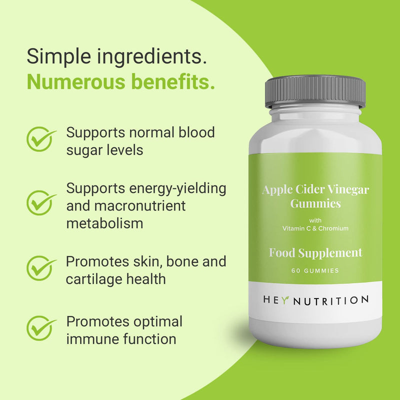 Hey Nutrition Apple Cider Vinegar Gummies Supplement - Vitamin C & Chromium - Supports Skin Health, Metabolic Function & Immune Health - No Artificial Flavours, Non-GMO & Dairy-Free - 60 Vegan Gummies - BeesActive Australia