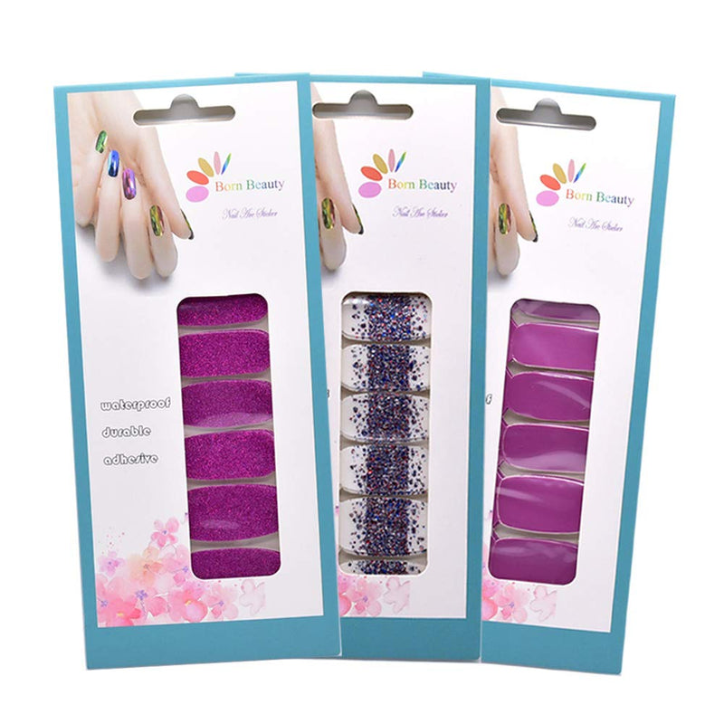 BornBeauty Purple Full Nail Stickers Glitter Strips Salon Effects Adhesive Wraps for Women Girls Fingers and Toes with Nail File DIY Manicure Kits (Purple) - BeesActive Australia