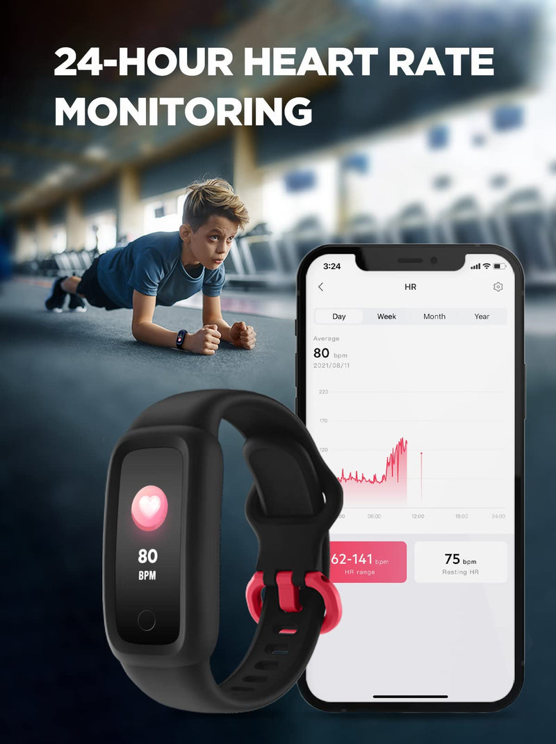 BIGGERFIVE Kids Fitness Tracker Watch for Girls Boys Age 5-12, IP68 Waterproof, Heart Rate Monitor, Activity Tracker, Sleep Monitor, Pedometer, Calorie Counter, Silent Alarm Clock, Family Account Black - BeesActive Australia